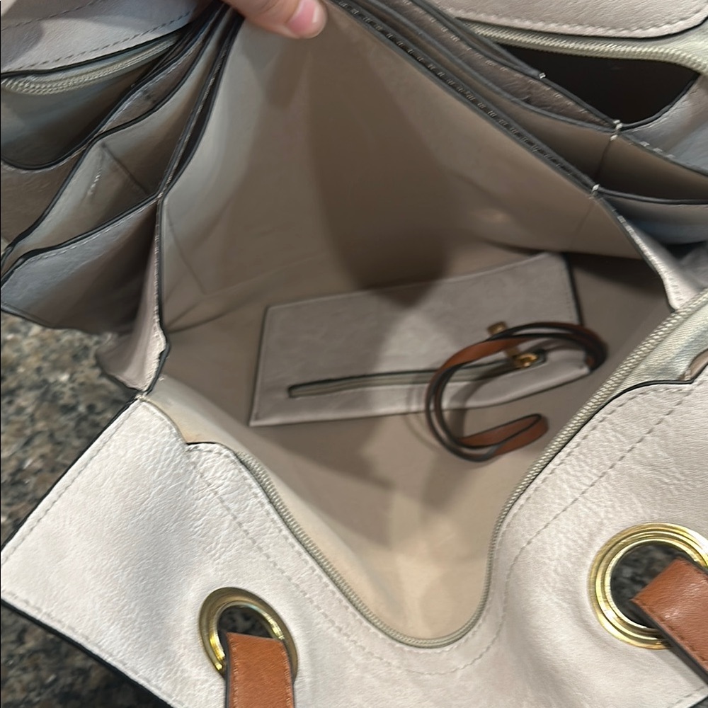 Cream and Tan Canvas Tote Bag with Leather Handles - Picture 5 of 7